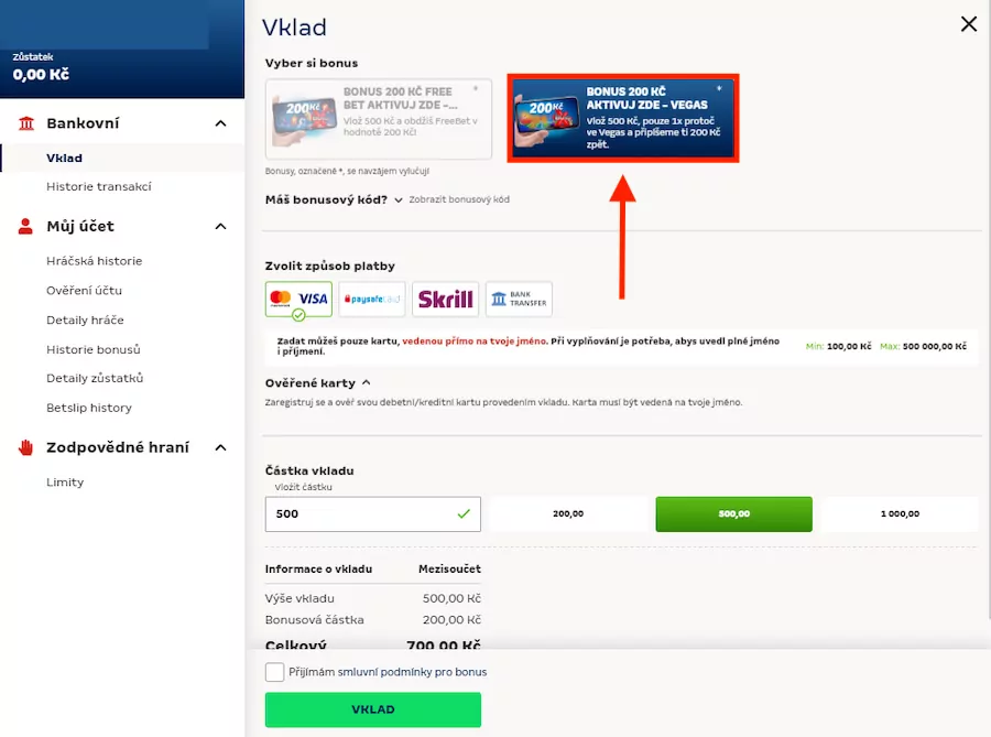 Aktivace vkladového bonusu