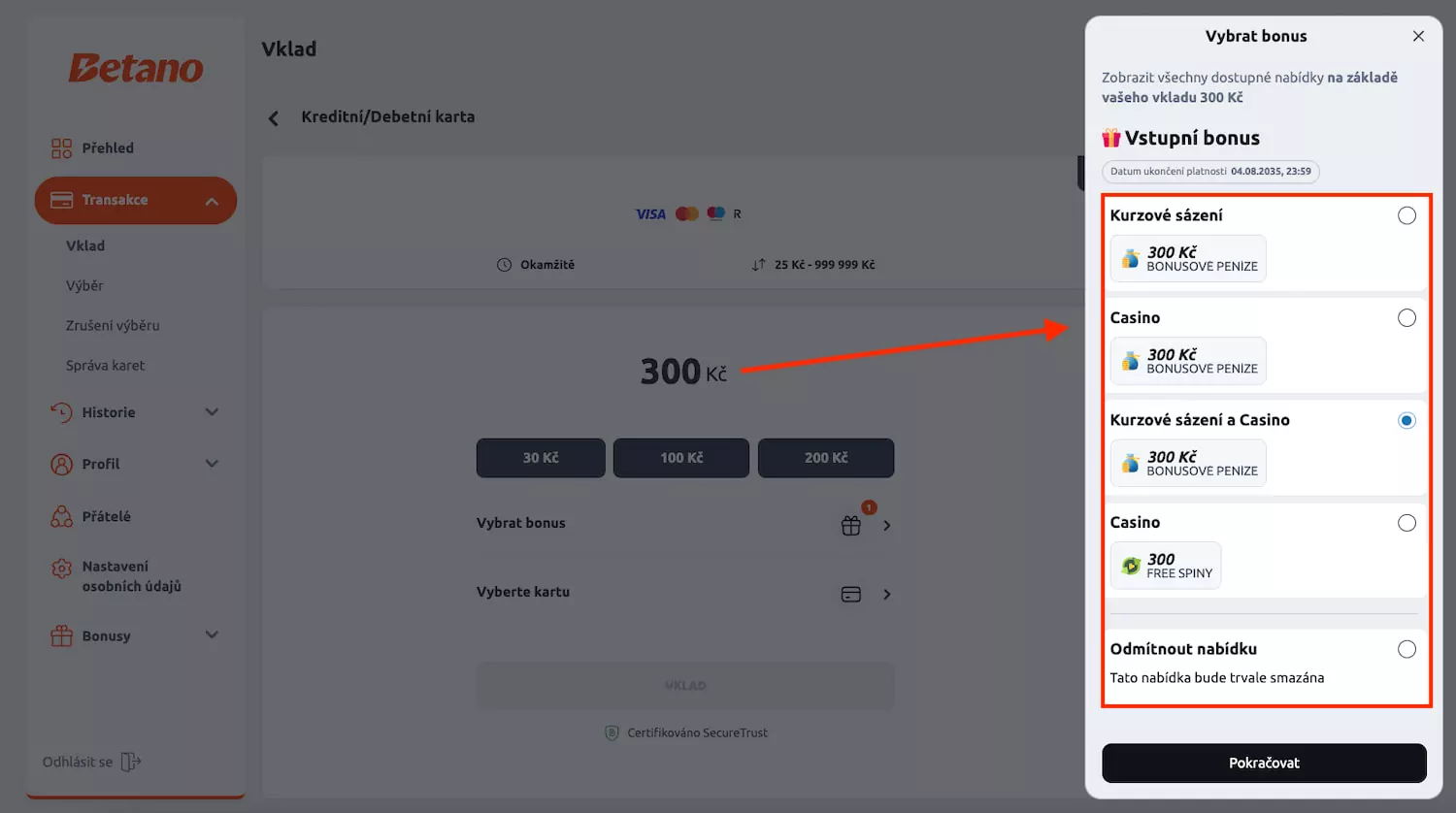 Betano první vklad a bonus