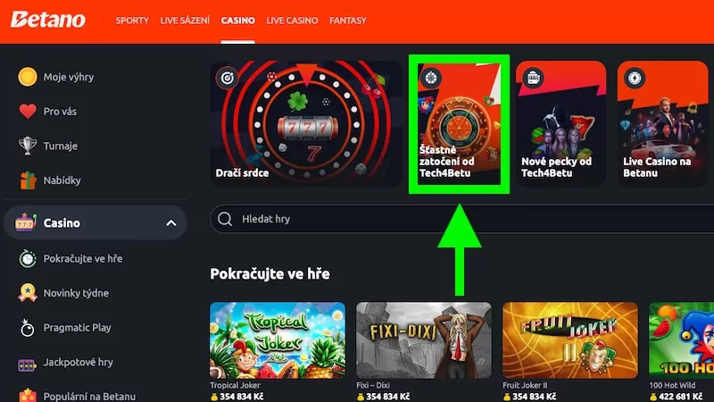 Betano šťastné zatočení v sekci casino