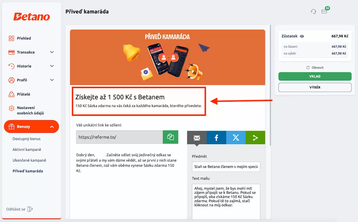 Bonus za doporučen&iacute; u Betana