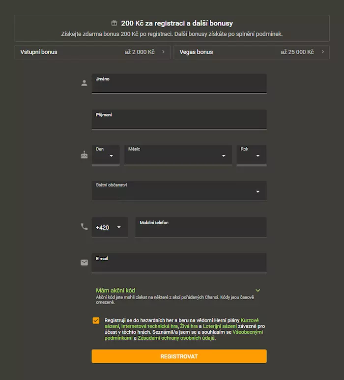 Chance registrační formulář