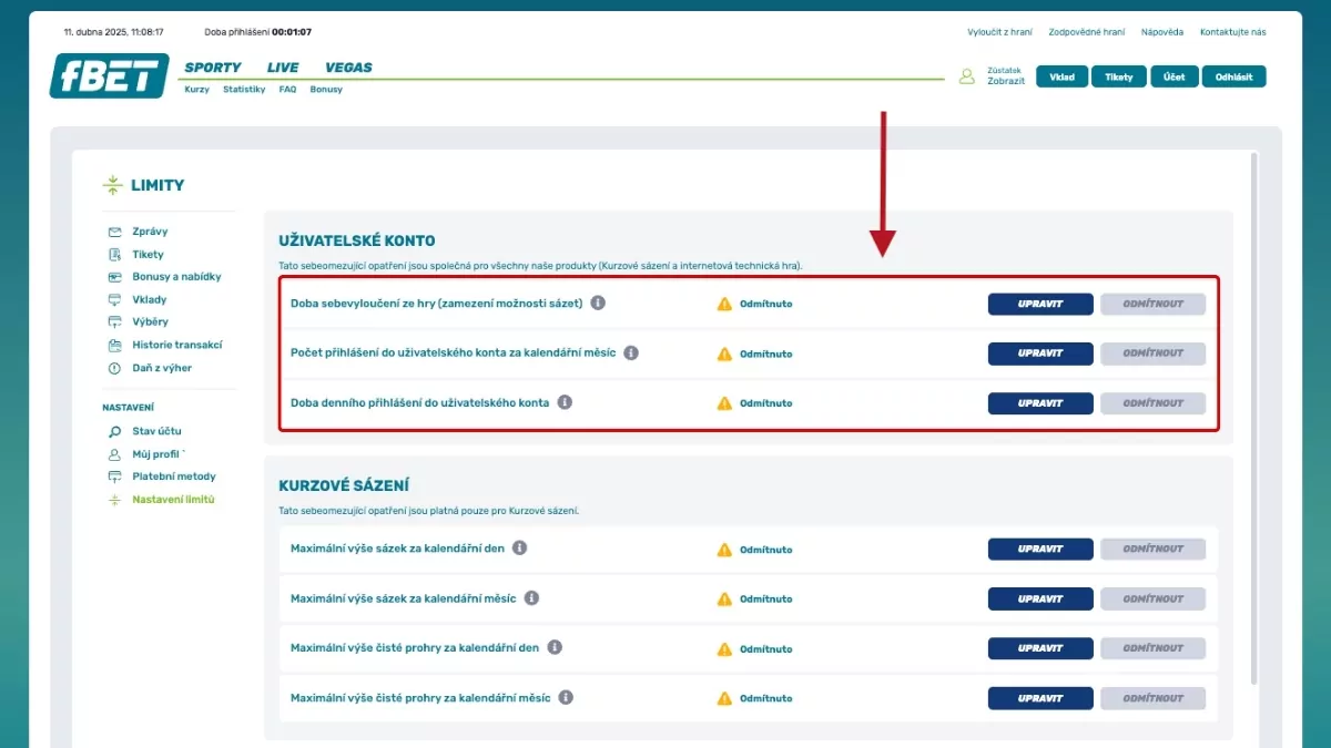 Fbet nastavení herních limitů