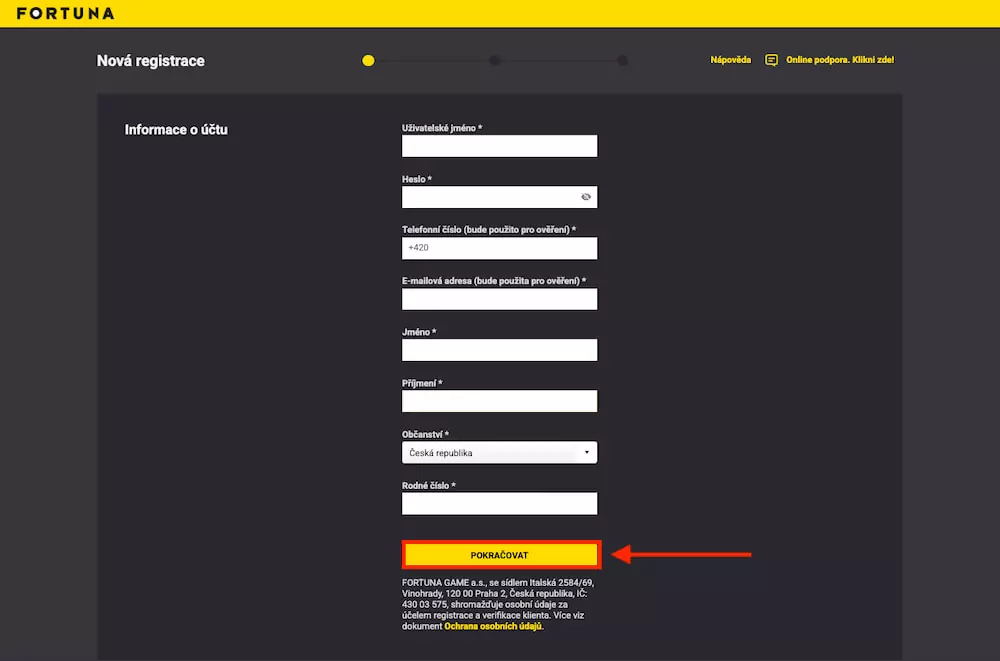 Fortuna registrační formulář