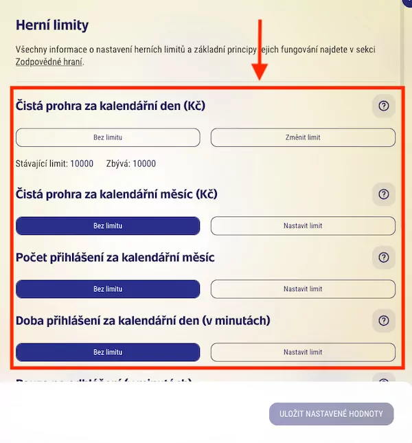 Kategorie herních limitů u Sazky