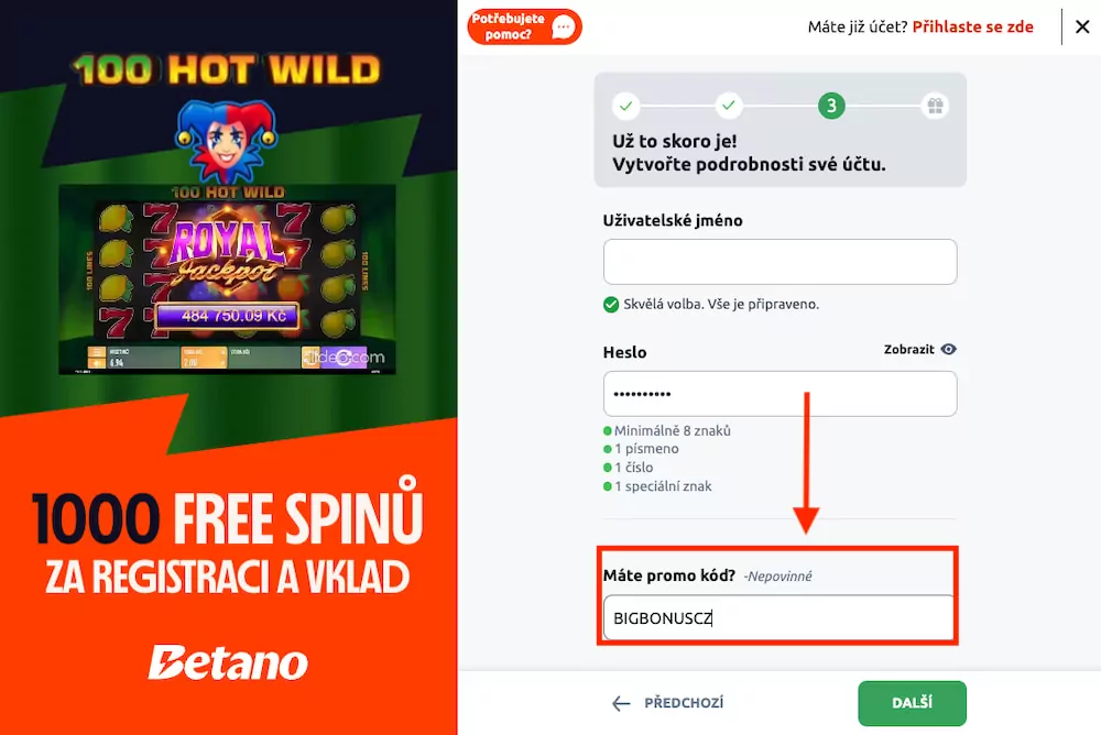 Kolonka pro promo kód u Betano
