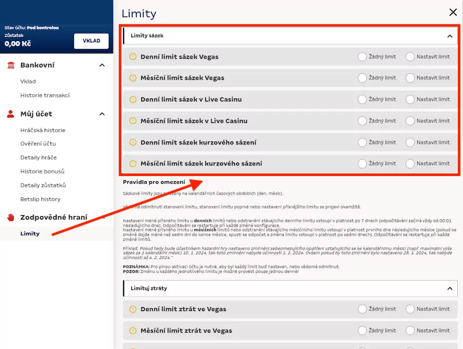 Merkurxtip nastavení herních limitů