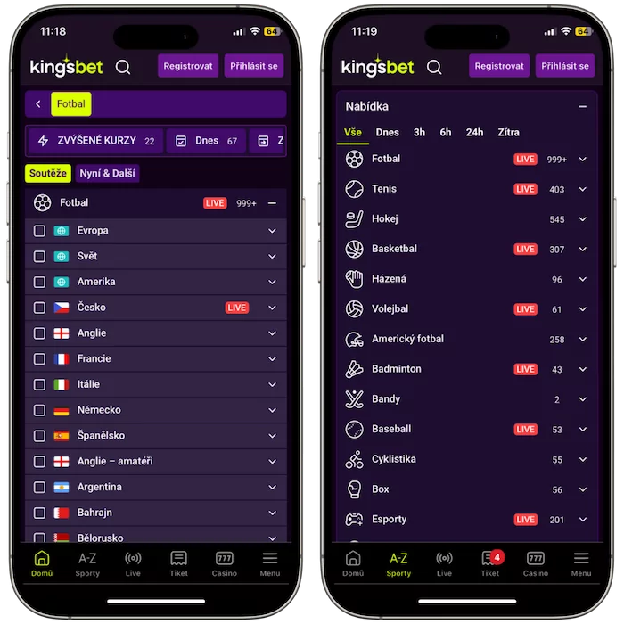 Nab&iacute;dka sportů Kingsbet mobiln&iacute; aplikace