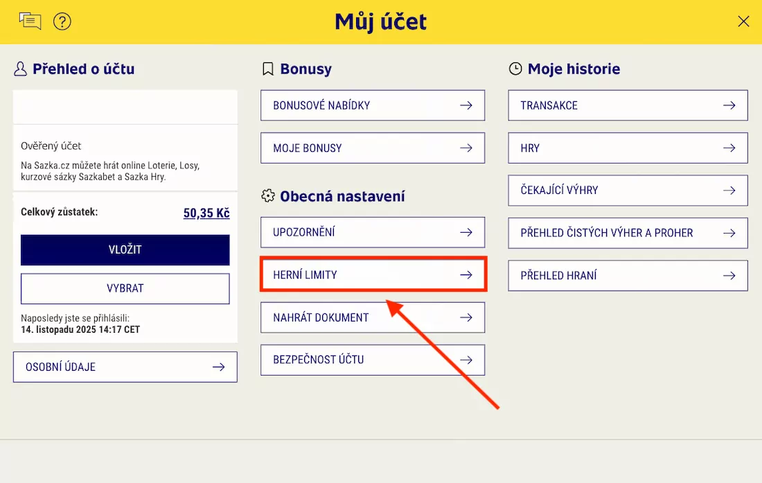 Nastavení herních limitů u Sazky