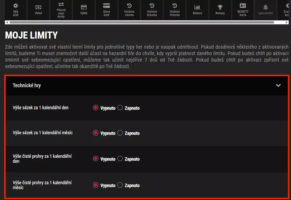 Synottip nastavení limitů