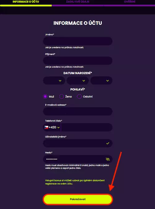 Údaje v Kingsbet registračním formuláři