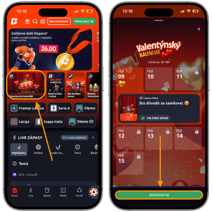 Valentýn kalendář v Betano aplikaci