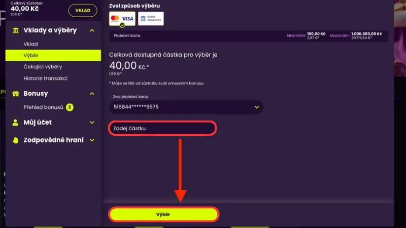 Výběr ze sázkového účtu