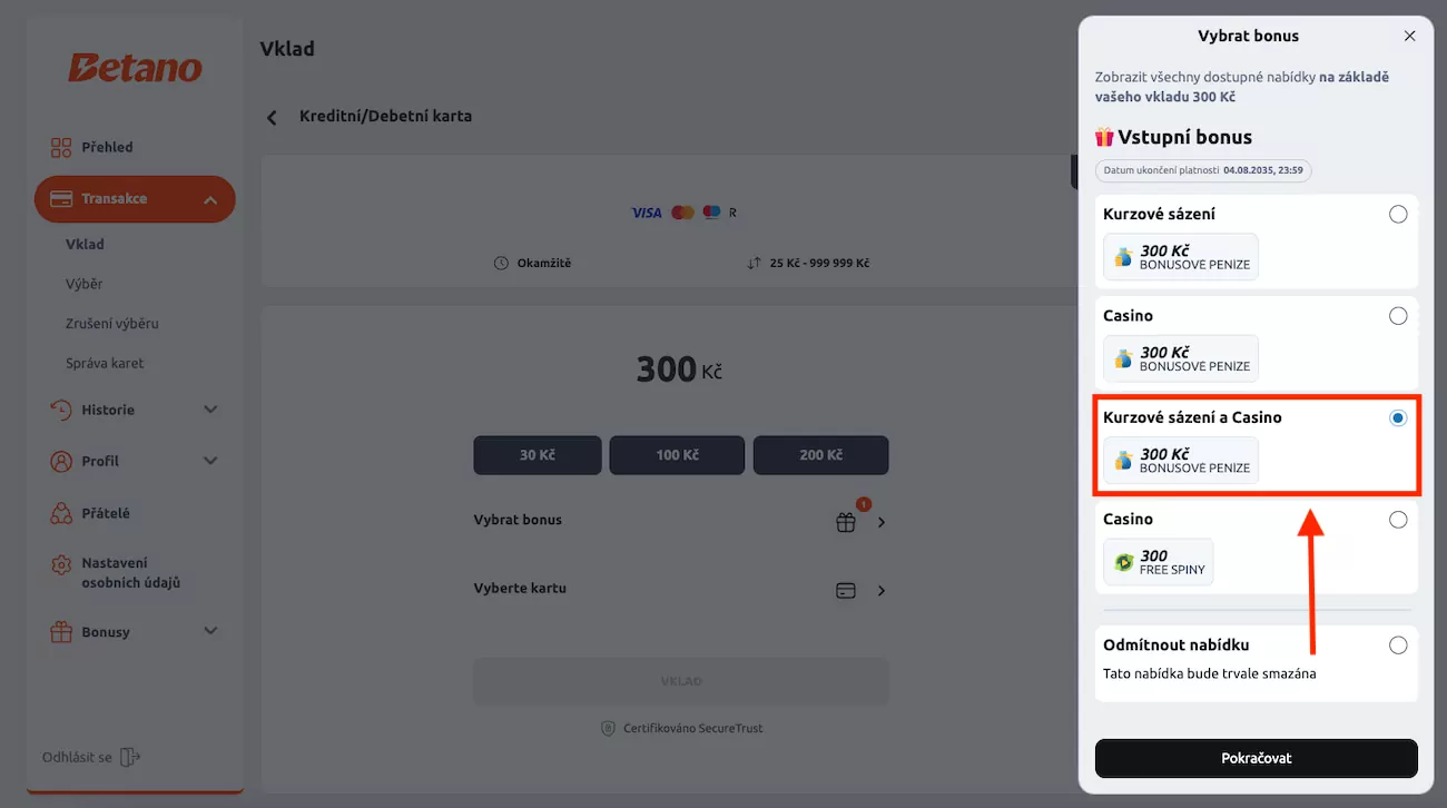 Vyberte a aktivujte bonus v Betanu