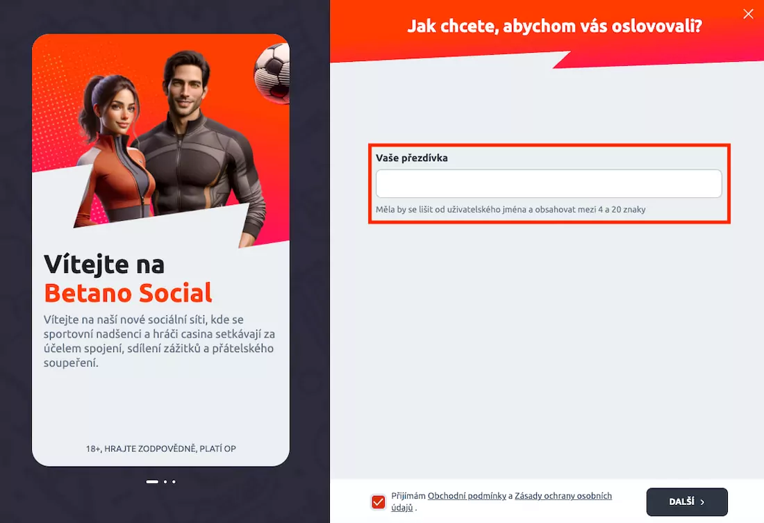 Zvolte si přezdívku Betano Social