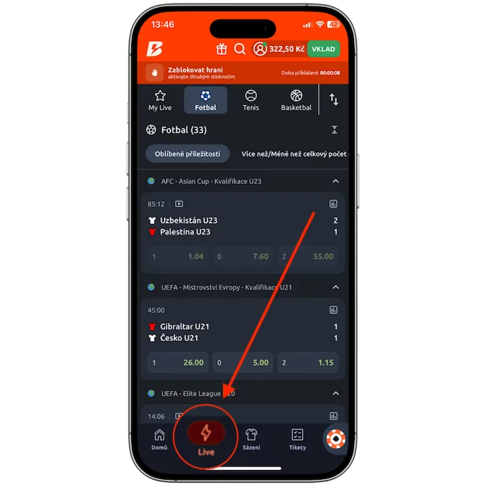 Záložka Live sázení