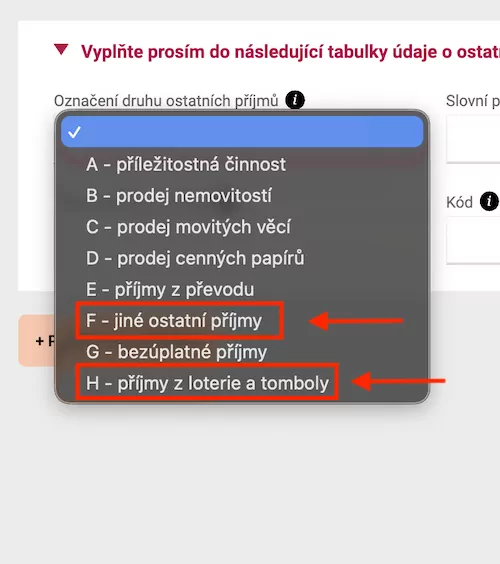 Zvolte kód pro hazardní hry F nebo H