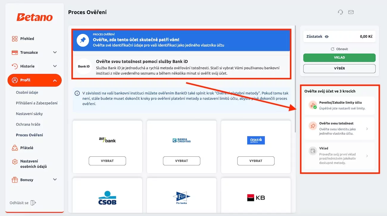 Dokončete ověření totožnosti u Betana