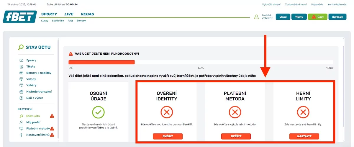 fBET dokončení registrace