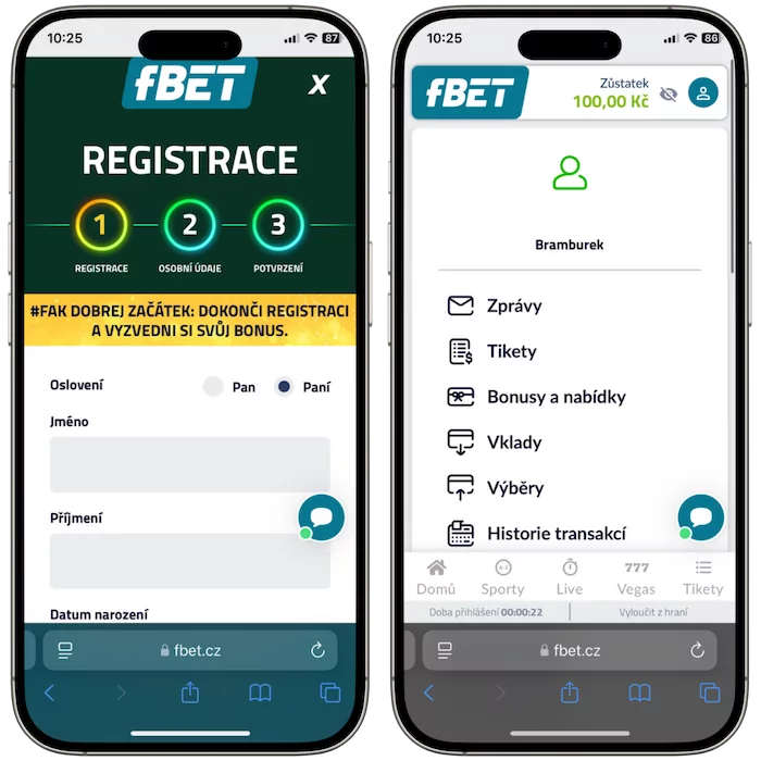fBET registrace na mobilu