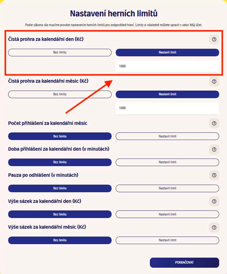 Sazka nastavení herních limitů
